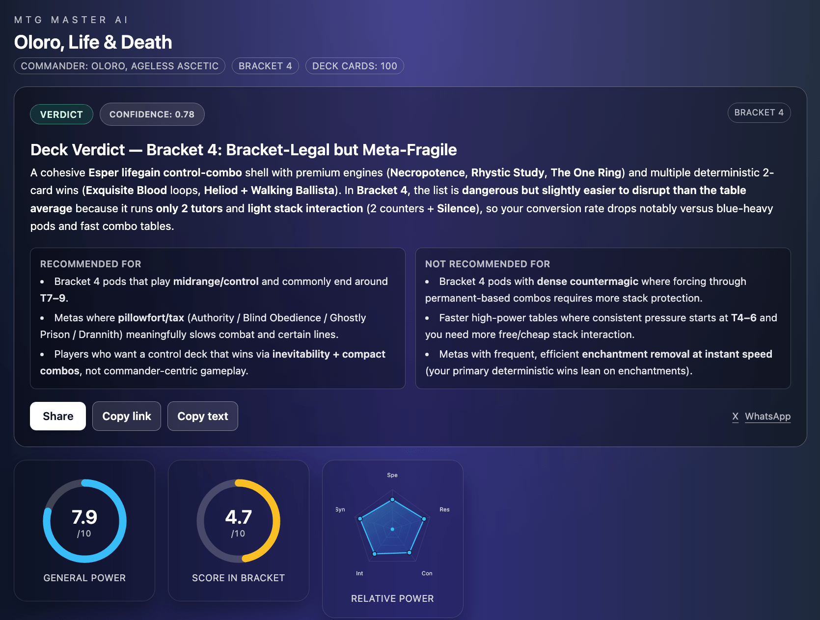 Readable verdicts that explain what your deck actually does